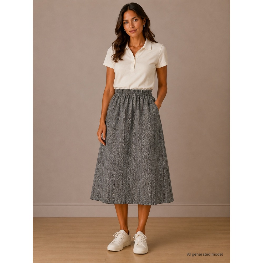 Vintage Armondio Grey Herringbone Midi Skirt Elastic Waist A-Line Wool Blend 27